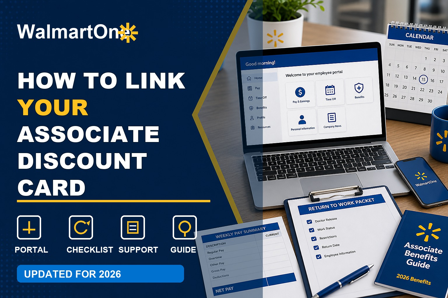 Associate Discount Card Walmart.com guide with online account, discount card, profile settings, and savings checklist