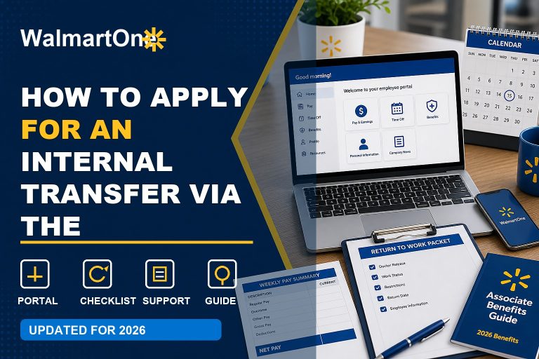 Career Preference Portal guide with internal transfer search, Walmart career profile, manager conversation, and checklist