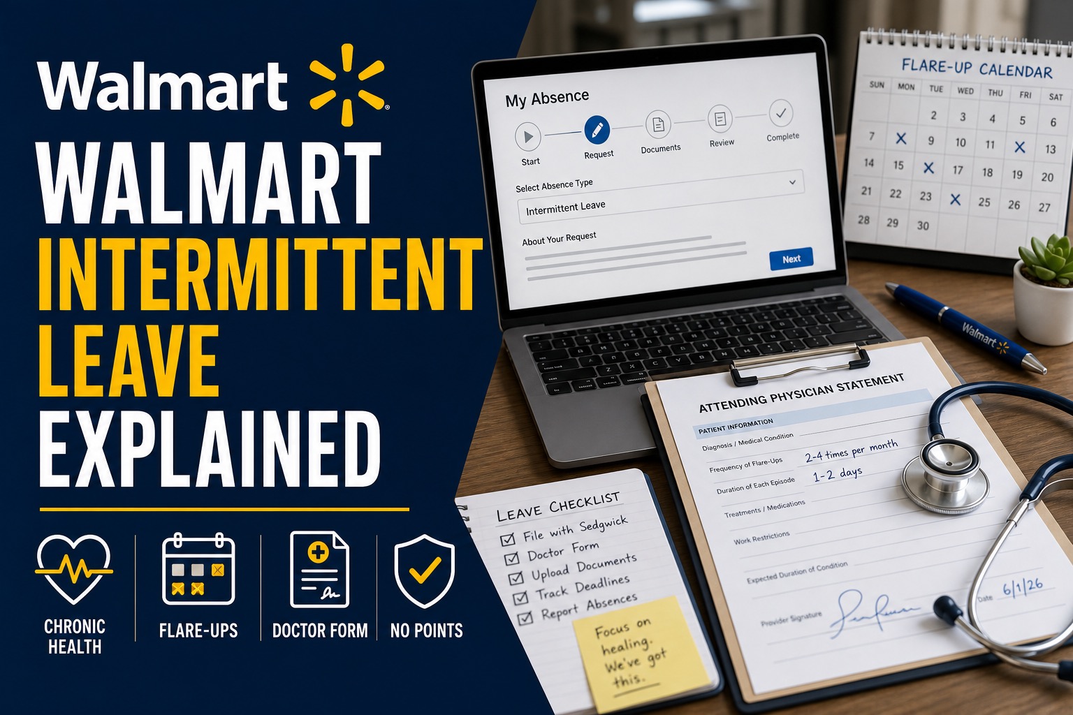 Walmart Intermittent Leave guide with doctor paperwork, flare-up calendar, and Sedgwick checklist