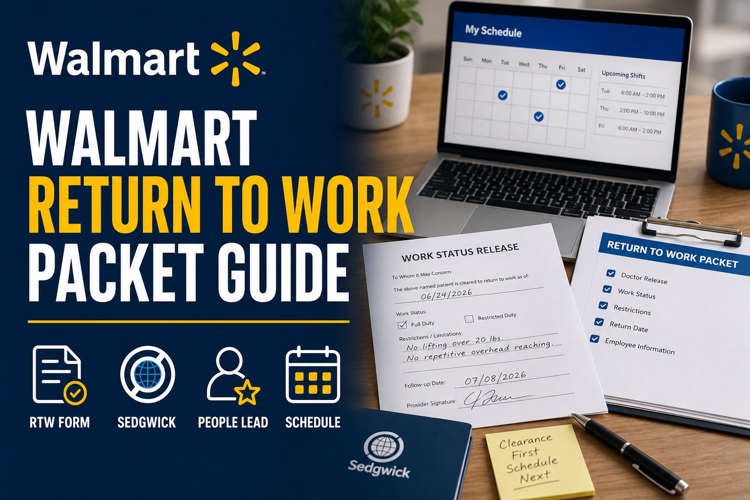 Walmart Return to Work Packet guide with Sedgwick release form, People Lead checklist, and Me@Walmart schedule screen