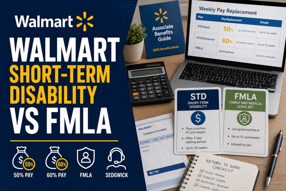 Walmart Short-Term Disability vs FMLA guide with pay chart, benefits forms, and Sedgwick claim checklist